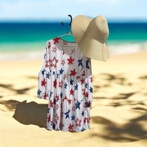 Red and Blue Stars Women's Scoop Neck Casual Flowy Dress S